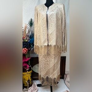 Caramia-Elegant 3 PC. Gold & Cream Lace Fringe Dress Set (14)